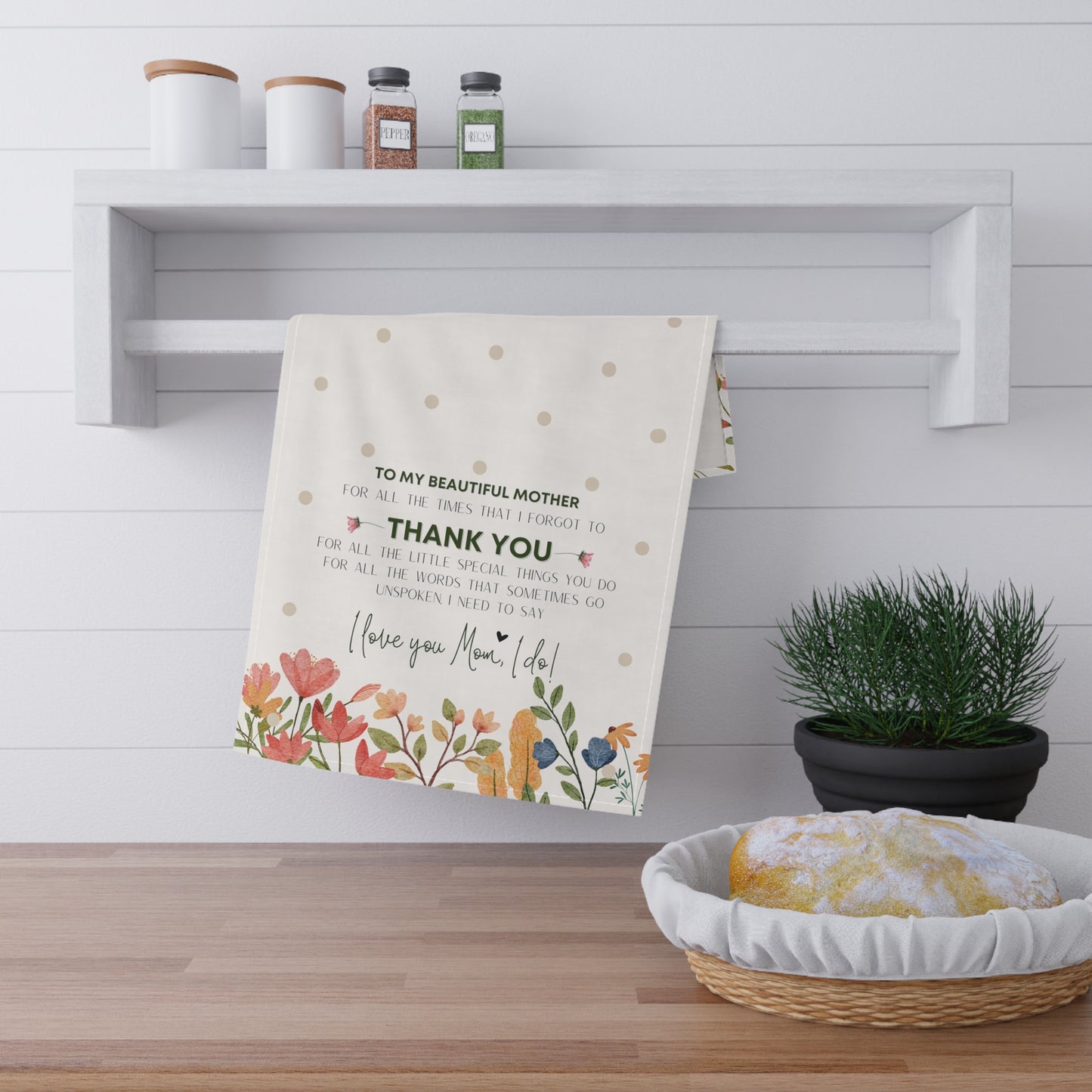 Mom Thank You Floral Dot Cotton Kitchen Towel