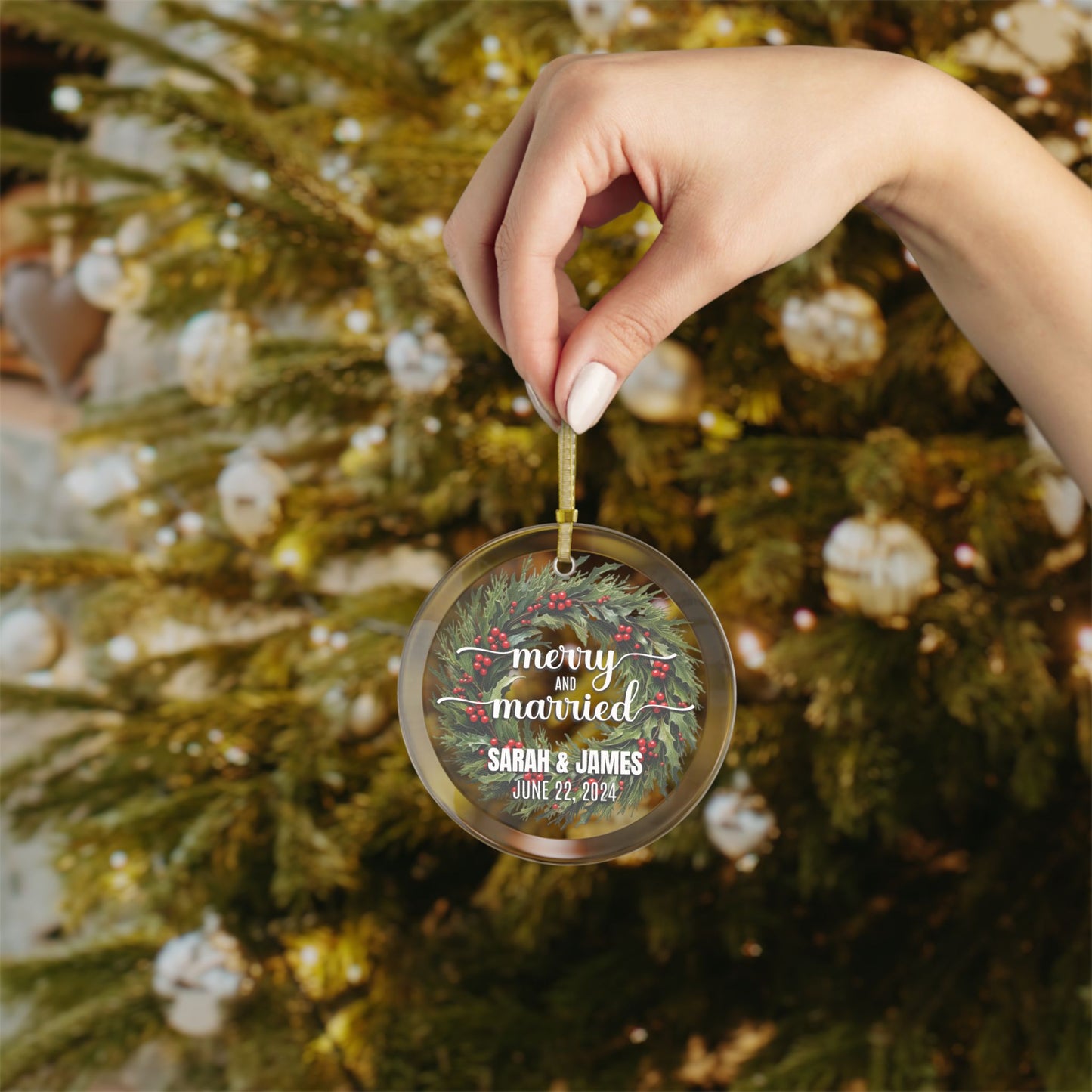 Personalized Merry & Married Glass Ornament